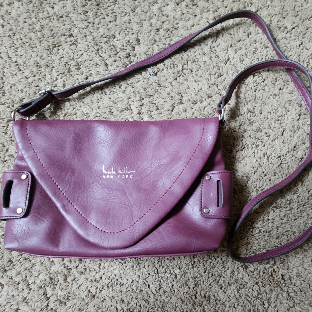Nicole Miller Plum Leather Crossbody Clutch Bag